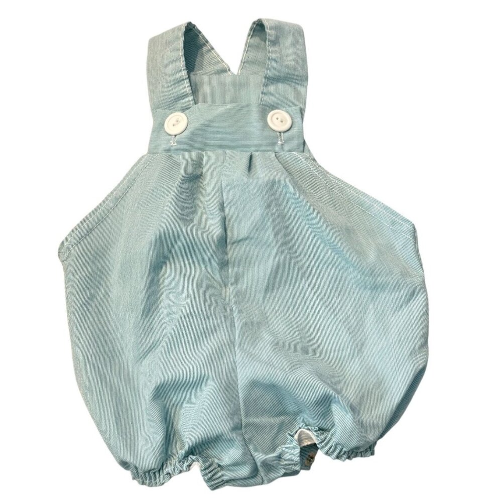 Vintage Baby Blue Striped Cotton Bubble Romper 12 Months Made In USA